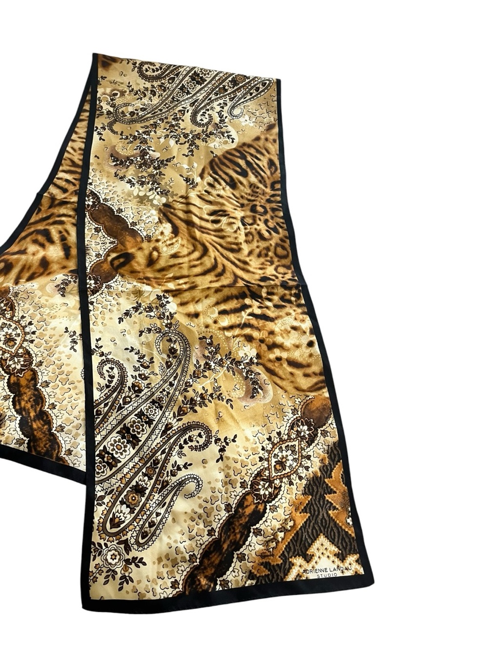 Adrienne Landau Gold and Black Animal & Paisley Silk-Effect Scarf